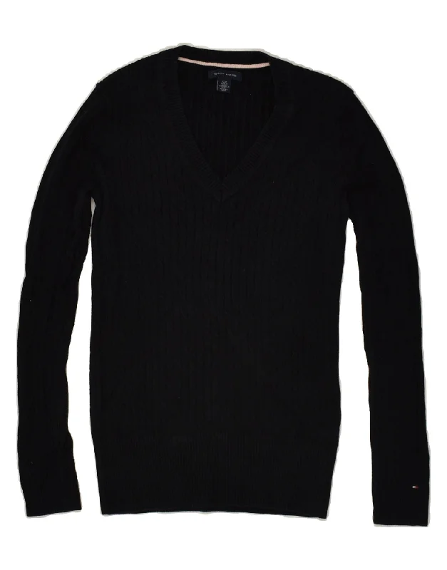 TOMMY HILFIGER Womens V-Neck Jumper Sweater UK 10 Small Black Cotton