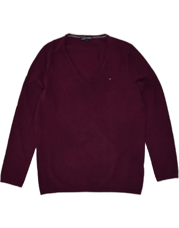 TOMMY HILFIGER Womens V-Neck Jumper Sweater UK 14 Large Maroon Cotton