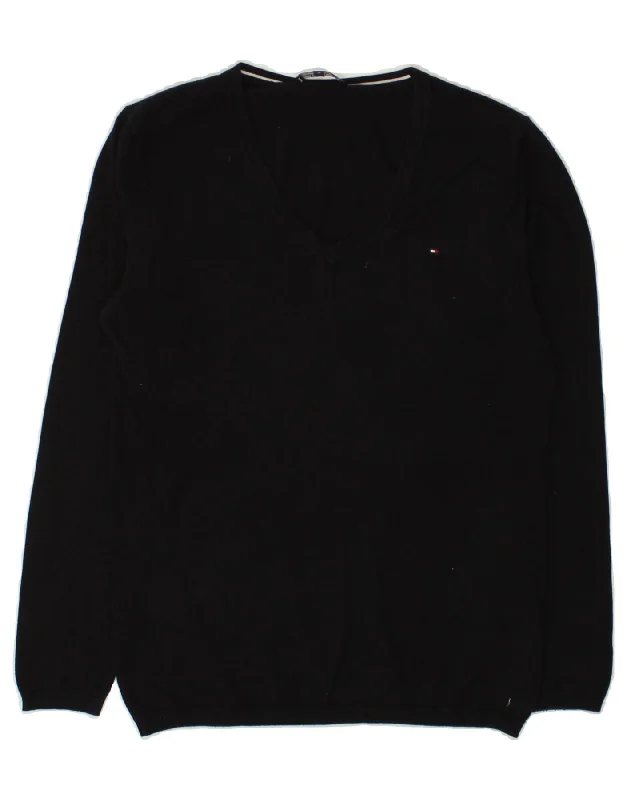 TOMMY HILFIGER Womens V-Neck Jumper Sweater UK 14 Medium Black Cotton