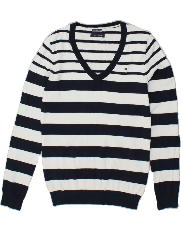 TOMMY HILFIGER Womens V-Neck Jumper Sweater UK 14 Medium Navy Blue Striped