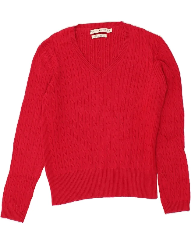 TOMMY HILFIGER Womens V-Neck Jumper Sweater UK 14 Medium Red Cotton