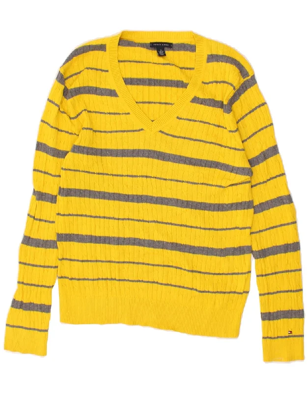 TOMMY HILFIGER Womens V-Neck Jumper Sweater UK 18 XL Yellow Striped Cotton