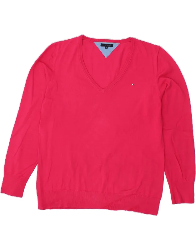 TOMMY HILFIGER Womens V-Neck Jumper Sweater UK 20 2XL Pink Cotton