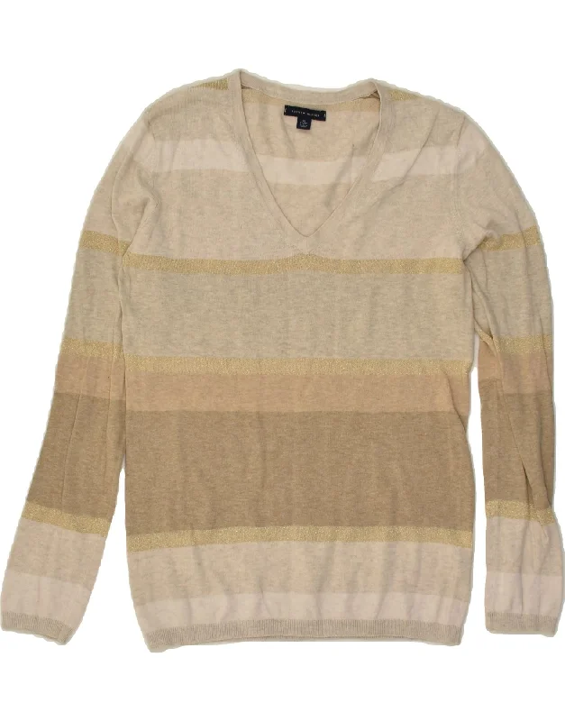 TOMMY HILFIGER Womens V-Neck Jumper Sweater UK 6 XS Beige Striped Cotton