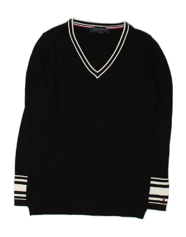 TOMMY HILFIGER Womens V-Neck Jumper Sweater UK 6 XS Black