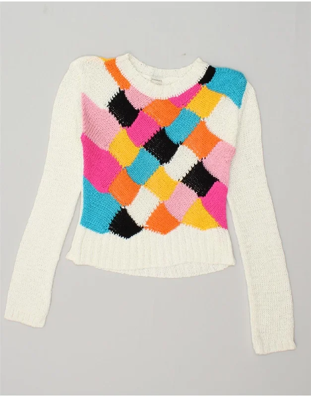 VINTAGE Womens Crop Crew Neck Jumper Sweater UK 6 XS Off White Geometric