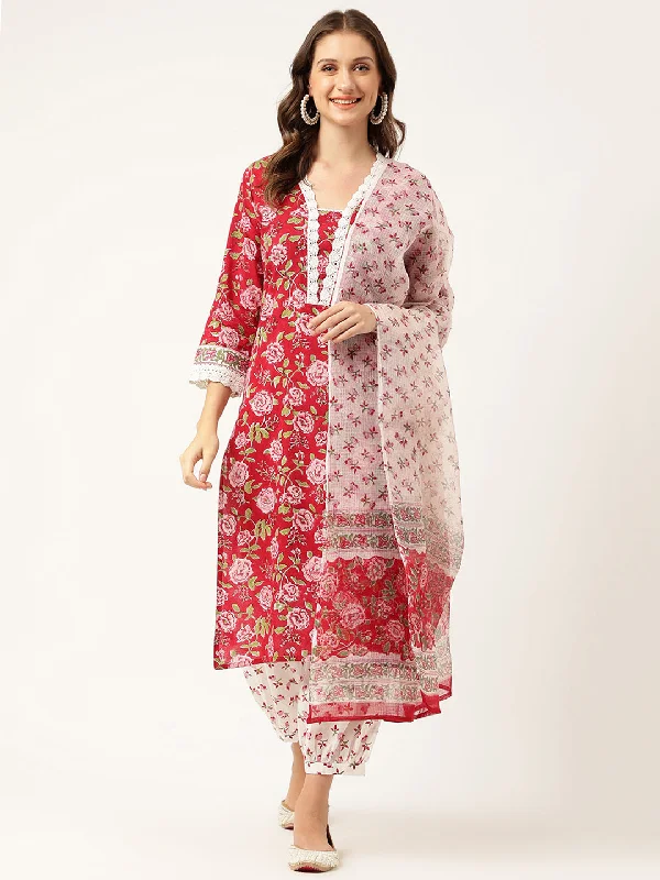 Floral Hand Block Printed Kurta Trouser & Kota Dori Dupatta Set