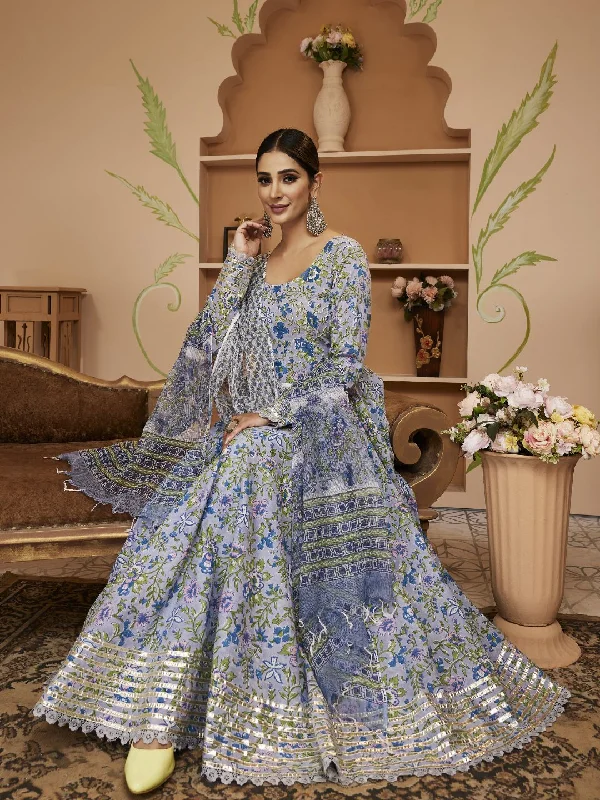 Hand Block Floral Printed Blue Anarkali Cotton Kurta With Trousers & Dupatta