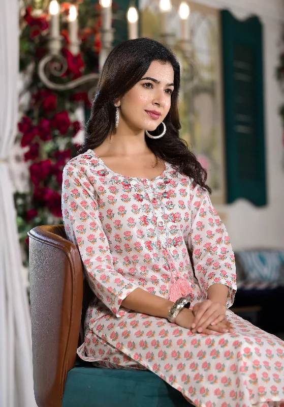 White & Pink Floral Printed Cotton Kurta With Trouser