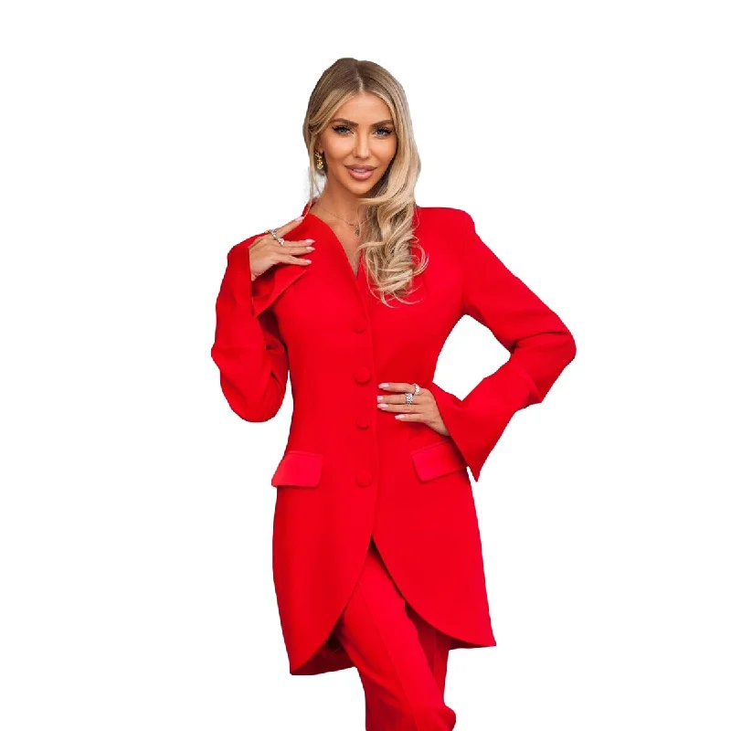 Formal Office Women Red Pants Suits Slim Fit Long Top Dress Wedding Sets High Streetwear 2 Pieces