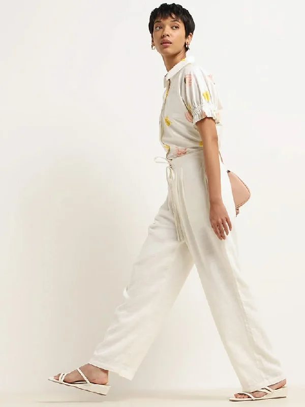 LOV Off-White Solid Blended Linen Trousers