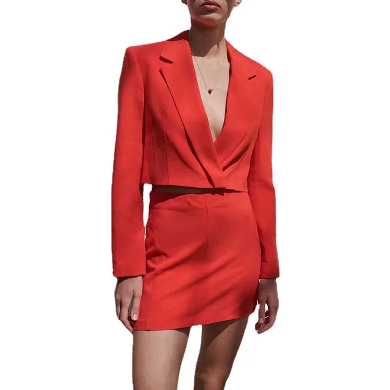 Red Short Summer Women Dress Suits Mother of the Bride Tuxedos Long Sleeve Work Coat Pants Office Lady 2 Pieces