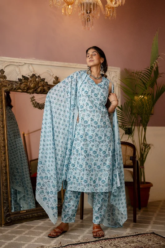 Women Aqua Blue Printed Straight Kurta With Trouser And Dupatta